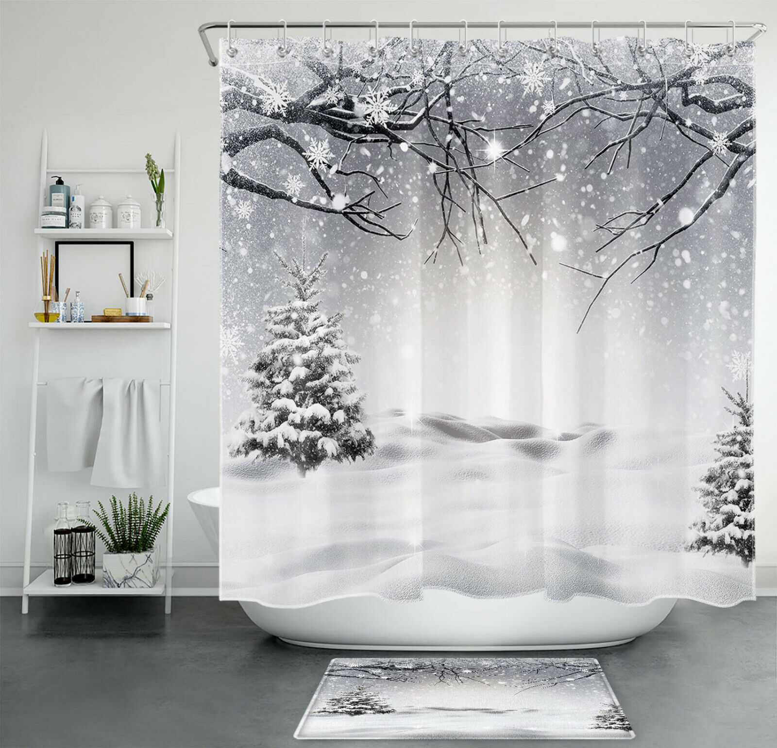 Snowflake Snow Scene Pine Tree Shower Curtain, Add a Touch of Winter Wonder to Your Bathroom