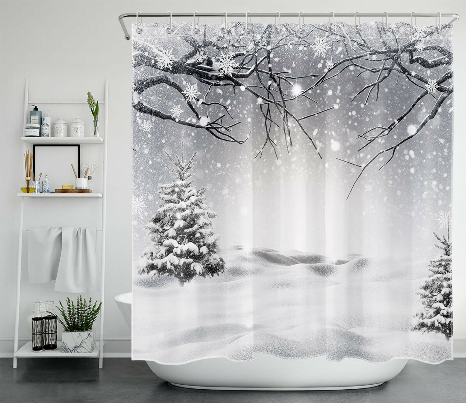 Snowflake Snow Scene Pine Tree Shower Curtain, Add a Touch of Winter Wonder to Your Bathroom