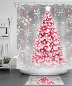 Snowflake Star Red Christmas Tree Shower Curtain - Holiday Bath Accessory for Retro Decor