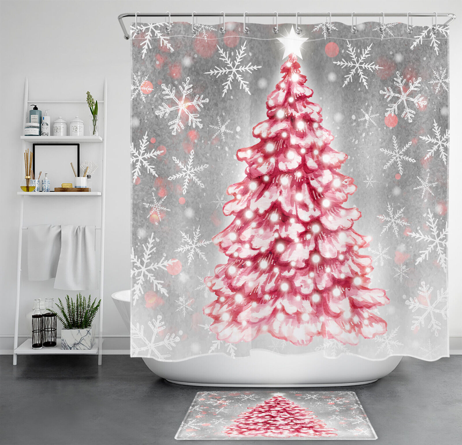 Snowflake Star Red Christmas Tree Shower Curtain - Holiday Bath Accessory for Retro Decor