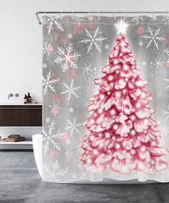 Snowflake Star Red Christmas Tree Shower Curtain - Holiday Bath Accessory for Retro Decor