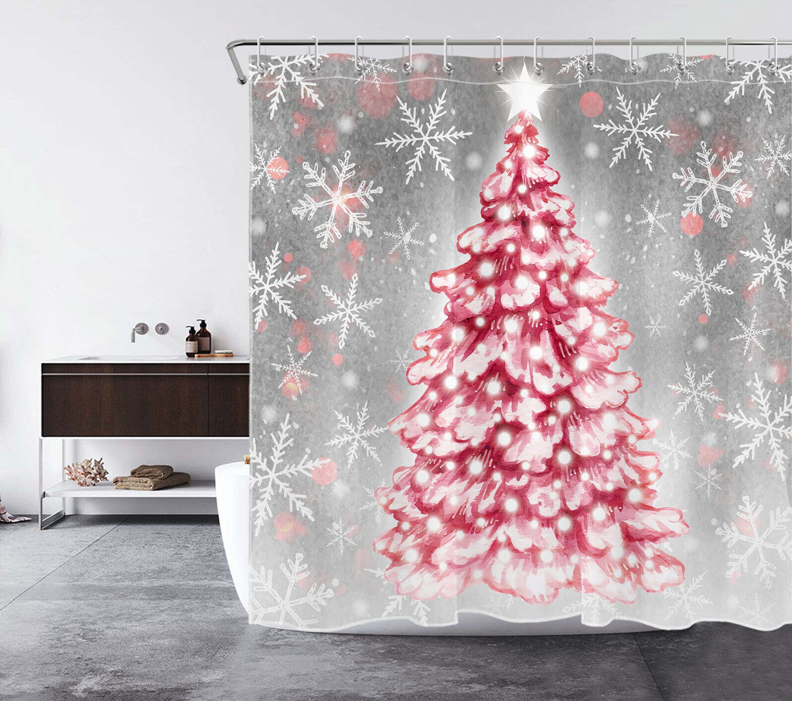 Snowflake Star Red Christmas Tree Shower Curtain - Holiday Bath Accessory for Retro Decor