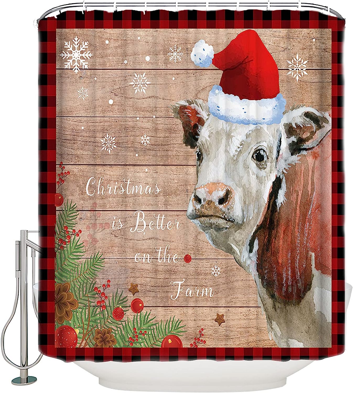 Snowflake Wood Farm Cattle Shower Curtain For A Cozy Rustic Christmas