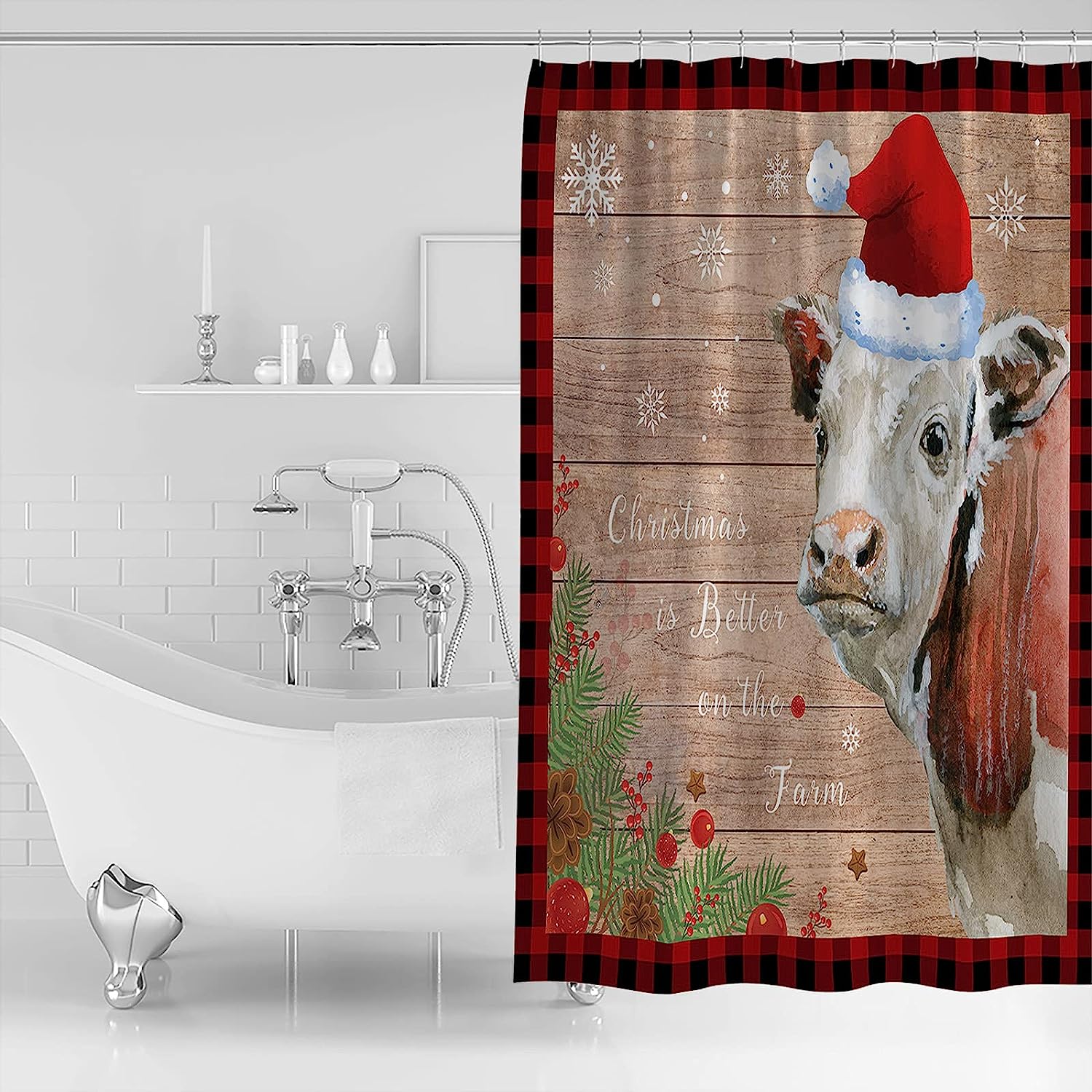 Snowflake Wood Farm Cattle Shower Curtain For A Cozy Rustic Christmas - Image 2