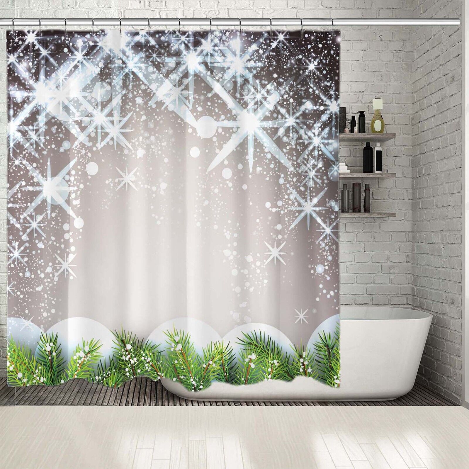 Snowflakes Christmas Shower Curtain - Waterproof Fabric Holiday Decor - Image 2
