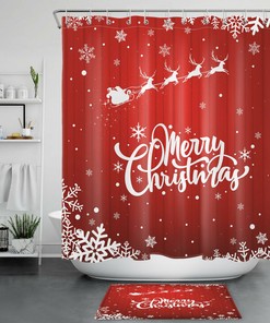 Snowflakes Santa Reindeer Sleigh Red Christmas Shower Curtain - Cheerful Festive Bathroom Decor