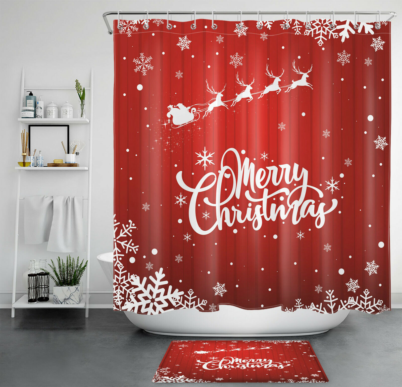 Snowflakes Santa Reindeer Sleigh Red Christmas Shower Curtain - Cheerful Festive Bathroom Decor