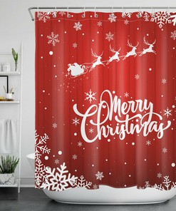 Snowflakes Santa Reindeer Sleigh Red Christmas Shower Curtain - Cheerful Festive Bathroom Decor