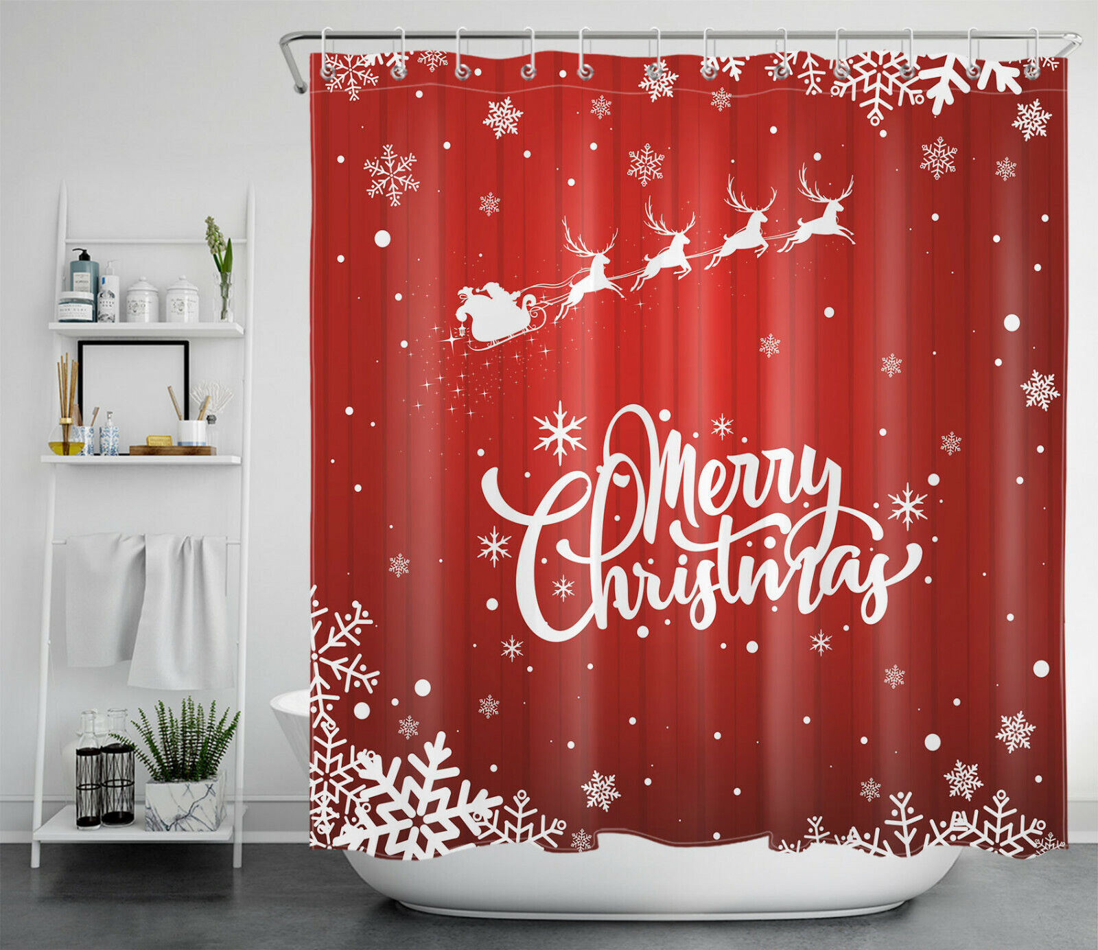Snowflakes Santa Reindeer Sleigh Red Christmas Shower Curtain - Cheerful Festive Bathroom Decor