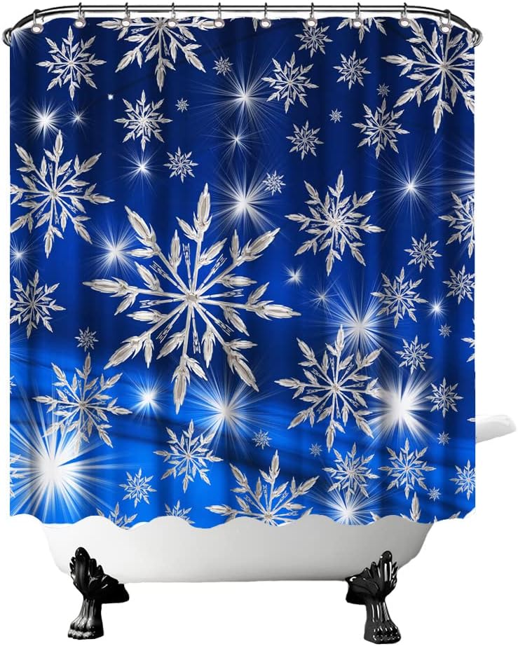 Snowflakes Shower Curtain Dark Blue Christmas With Silver Shinning Light Winter Holiday Home Decor Waterproof Fabrics