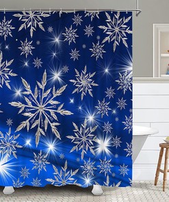 Snowflakes Shower Curtain Dark Blue Christmas With Silver Shinning Light Winter Holiday Home Decor Waterproof Fabrics
