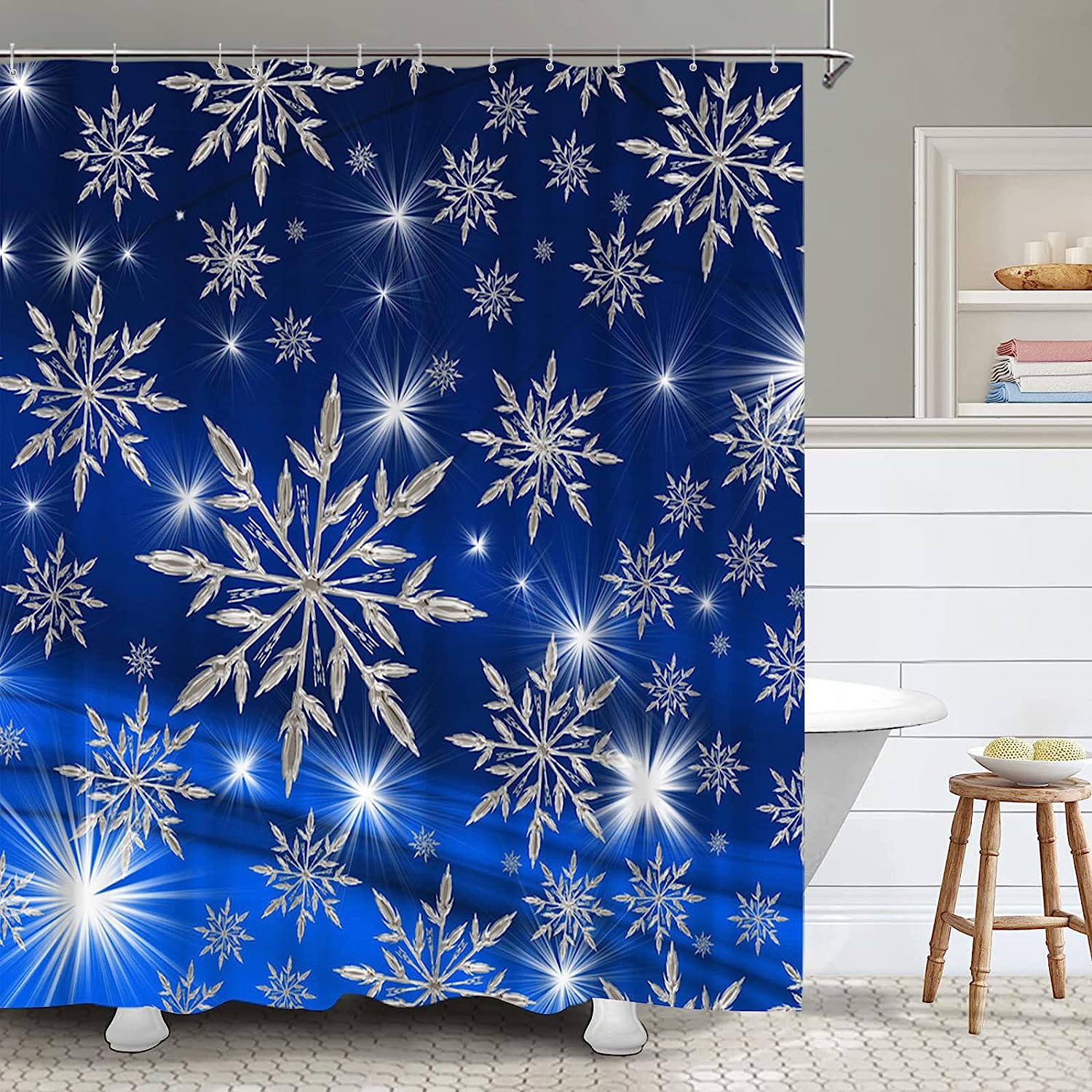 Snowflakes Shower Curtain Dark Blue Christmas With Silver Shinning Light Winter Holiday Home Decor Waterproof Fabrics