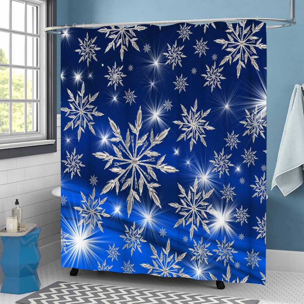 Snowflakes Shower Curtain Dark Blue Christmas With Silver Shinning Light Winter Holiday Home Decor Waterproof Fabrics