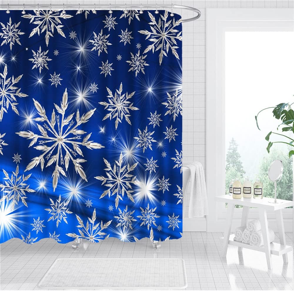 Snowflakes Shower Curtain Dark Blue Christmas With Silver Shinning Light Winter Holiday Home Decor Waterproof Fabrics