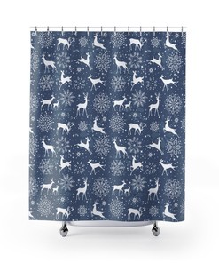 Snowflakes and Reindeers Pattern Shower Curtain for Winter-themed Bathroom Decor