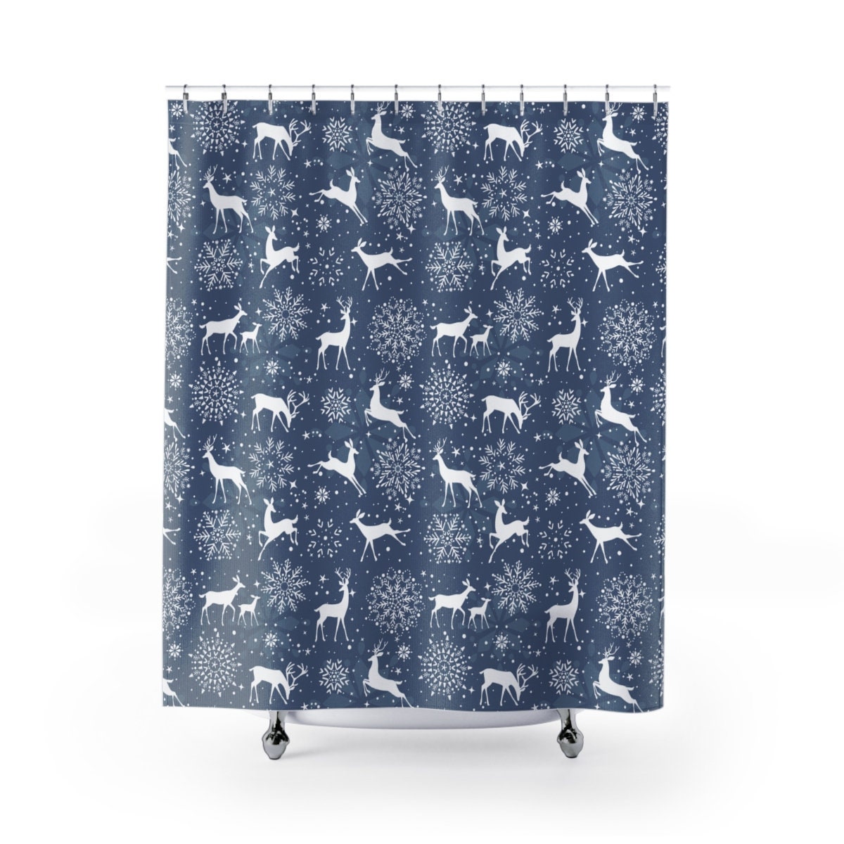 Snowflakes and Reindeers Pattern Shower Curtain for Winter-themed Bathroom Decor
