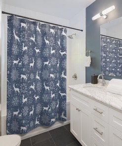 Snowflakes and Reindeers Pattern Shower Curtain for Winter-themed Bathroom Decor