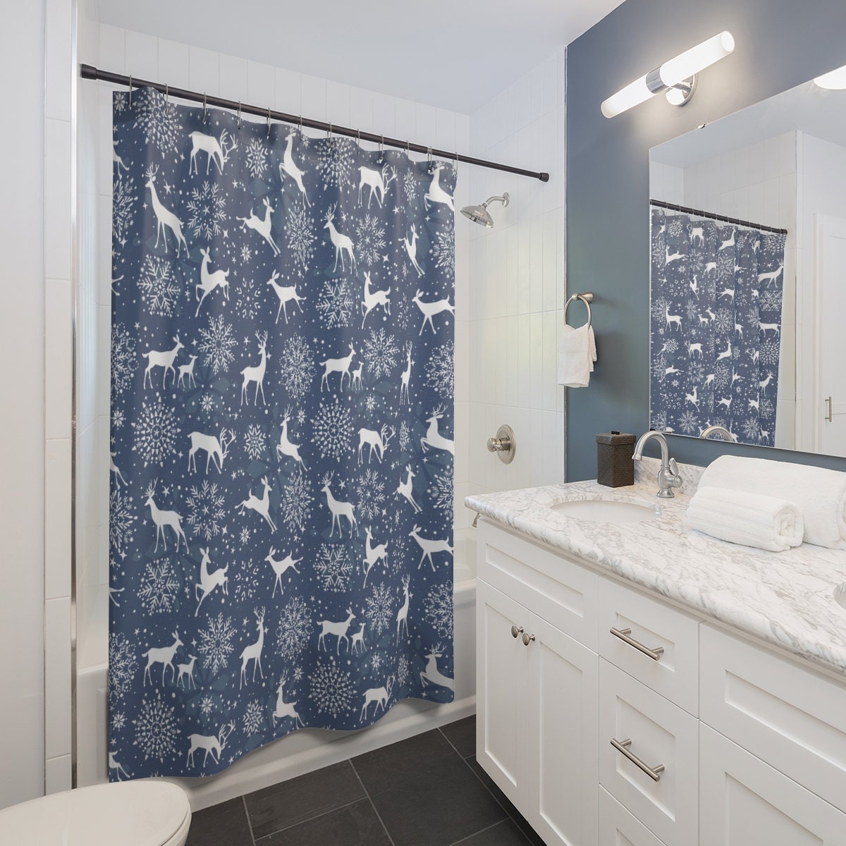 Snowflakes and Reindeers Pattern Shower Curtain for Winter-themed Bathroom Decor