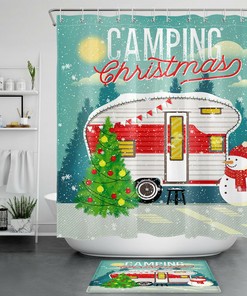 Snowman Camper Shower Curtain - Christmas Tree Bathroom Decor