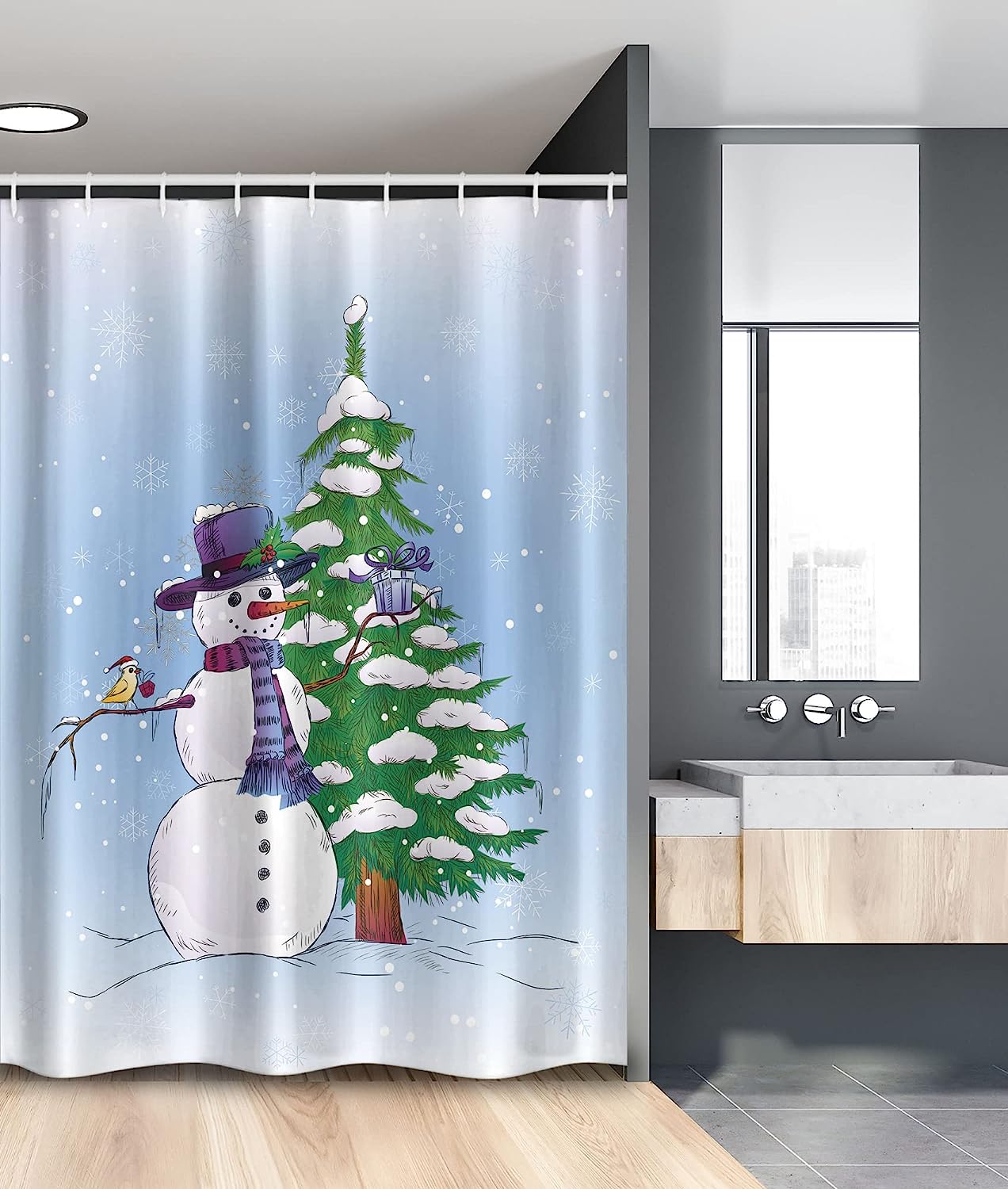 Snowman In The Winter Mistletoe Present Top Hat And Scarf Shower Curtain For Small Showers - Fabric Bathroom Decors