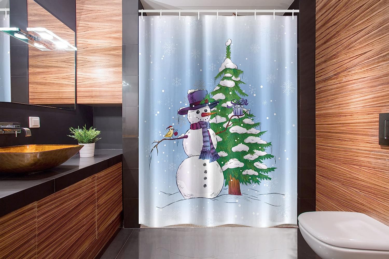 Snowman In The Winter Mistletoe Present Top Hat And Scarf Shower Curtain For Small Showers - Fabric Bathroom Decors - Image 2
