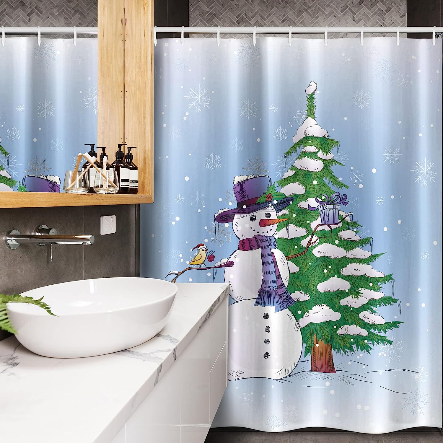 Snowman In The Winter Mistletoe Present Top Hat And Scarf Shower Curtain For Small Showers - Fabric Bathroom Decors - Image 3