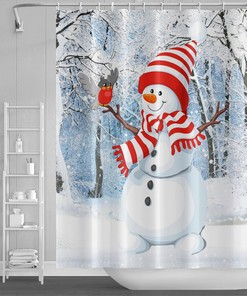 Snowman Shower Curtain With A Branch Of Birds And Snowflakes