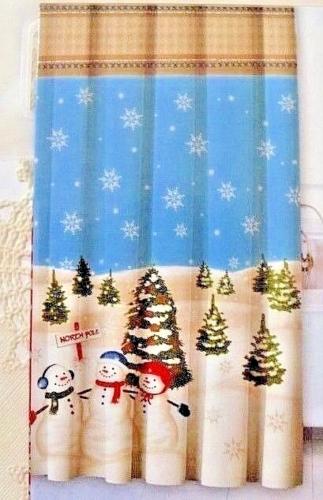 Snowman Shower Curtain With Snowflakes And Christmas Tree, Festive Bathroom Decor
