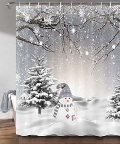 Snowman and Pine Tree Winter Christmas Shower Curtain for a Festive Bathroom