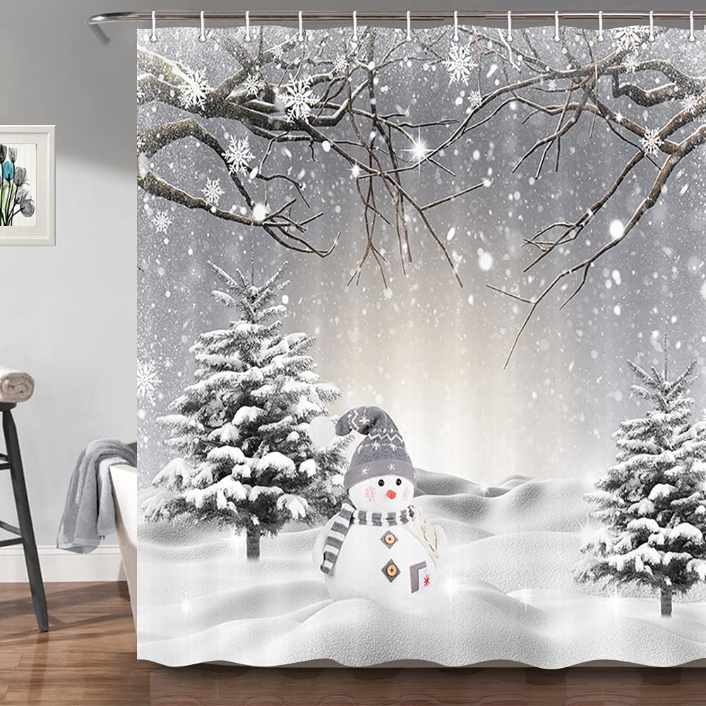 Snowman and Pine Tree Winter Christmas Shower Curtain for a Festive Bathroom