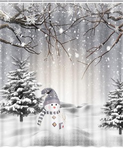 Snowman and Pine Tree Winter Christmas Shower Curtain for a Festive Bathroom