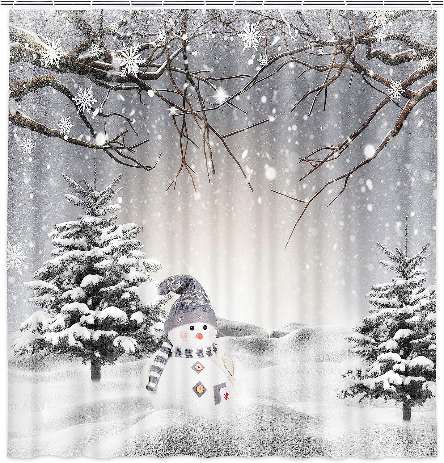 Snowman and Pine Tree Winter Christmas Shower Curtain for a Festive Bathroom