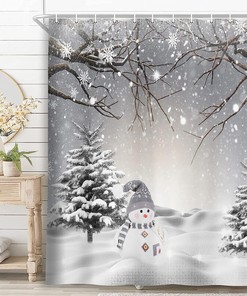 Snowman and Pine Tree Winter Christmas Shower Curtain for a Festive Bathroom