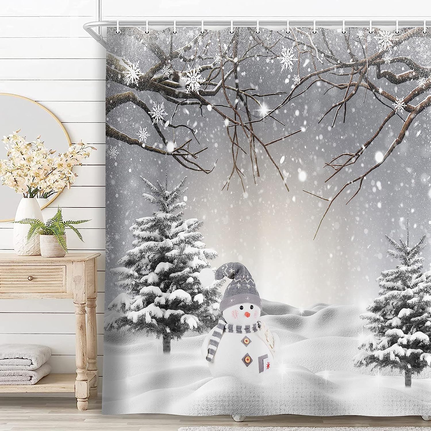 Snowman and Pine Tree Winter Christmas Shower Curtain for a Festive Bathroom