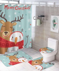 Snowmen and Deer Christmas Shower Curtain, Waterproof Bathroom Decor by Vantaso