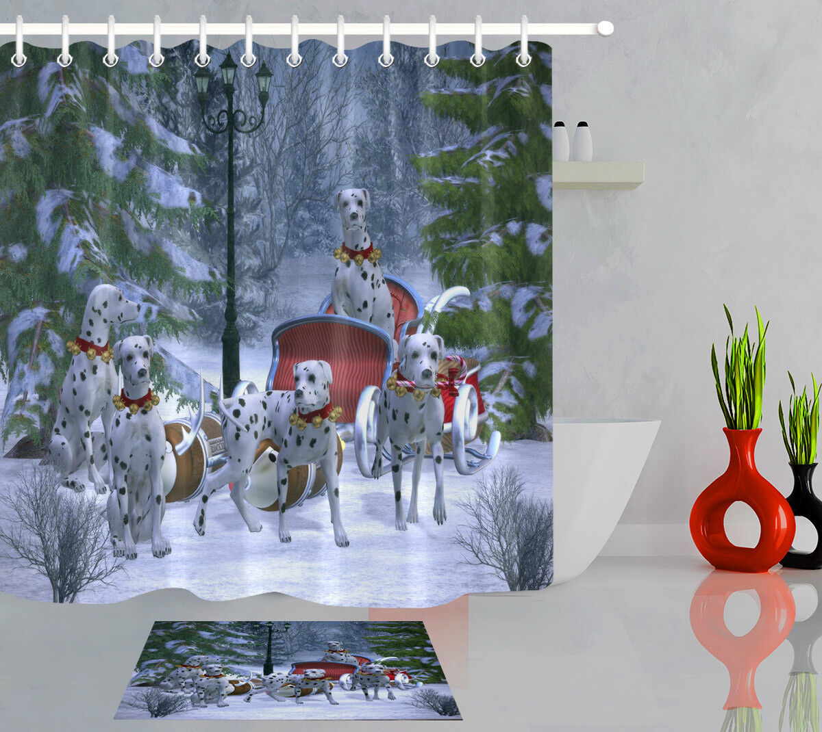 Snowy Fir Tree Dalmatian Dog Sleigh Print Shower Curtain for a Unique Touch
