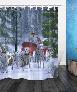 Snowy Fir Tree Dalmatian Dog Sleigh Print Shower Curtain for a Unique Touch