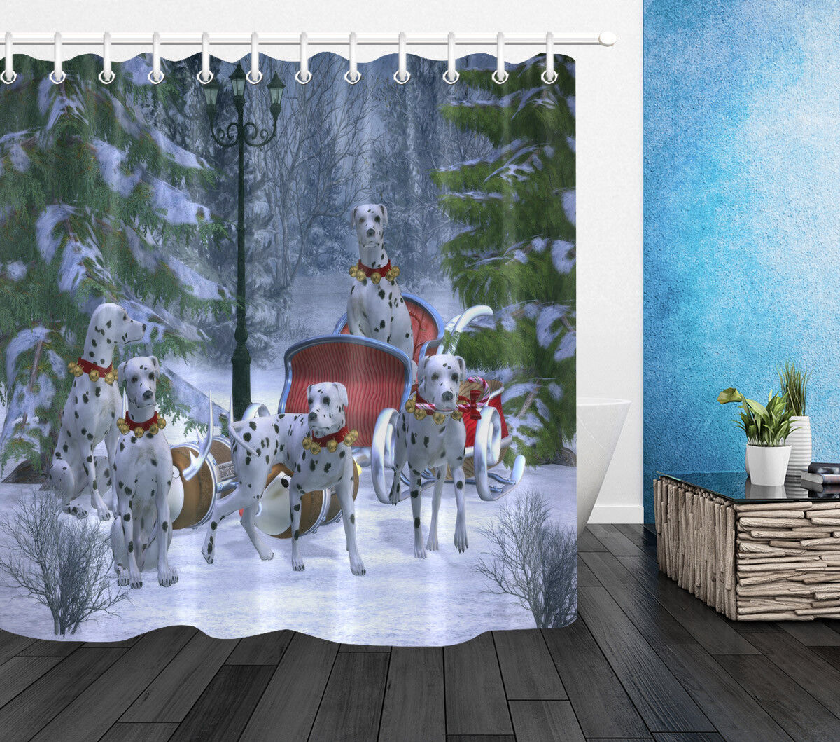 Snowy Fir Tree Dalmatian Dog Sleigh Print Shower Curtain for a Unique Touch