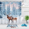 Snowy Forest Sunset Shower Curtain - Rustic Fabric Bathroom Decor with Deer Family Print