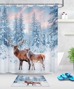 Snowy Forest Sunset Shower Curtain - Rustic Fabric Bathroom Decor with Deer Family Print
