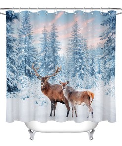 Snowy Forest Sunset Shower Curtain - Rustic Fabric Bathroom Decor with Deer Family Print