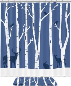 Snowy Forest Tree Bird Deer Waterproof Shower Curtain for Your Bathroom Decor