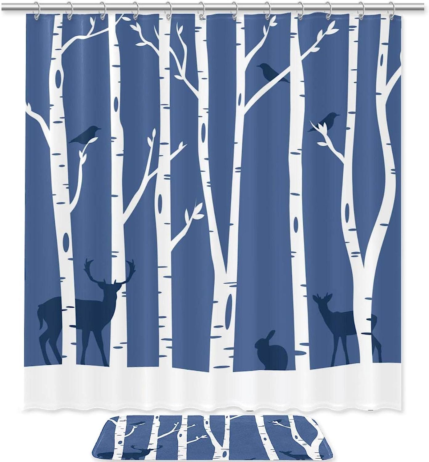 Snowy Forest Tree Bird Deer Waterproof Shower Curtain for Your Bathroom Decor