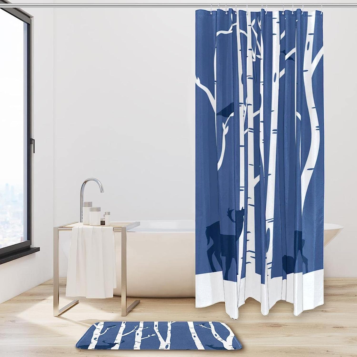 Snowy Forest Tree Bird Deer Waterproof Shower Curtain for Your Bathroom Decor