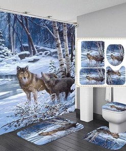 Snowy Forest Wolf Animals Waterproof Shower Curtain Set