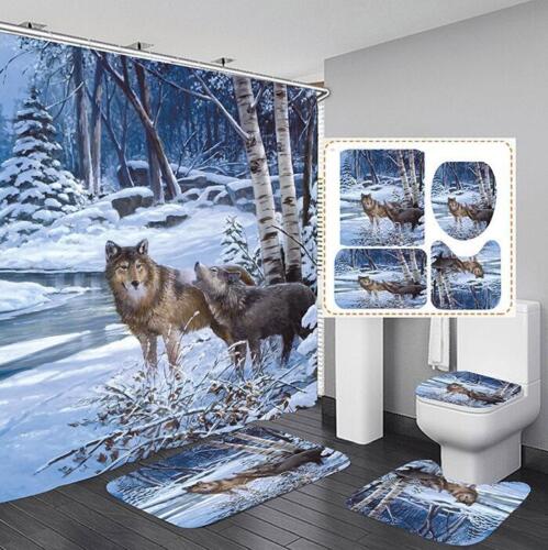 Snowy Forest Wolf Animals Waterproof Shower Curtain Set