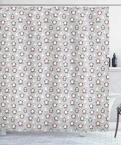 Snowy Trees And Penguin Playing In Snow Shower Curtain, Pale Grey Bathroom Decor