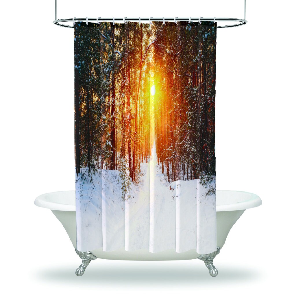 Snowy Winter Day Shower Curtain - Scenery Printed Button Hole Shower Drapes for Your Bathroom