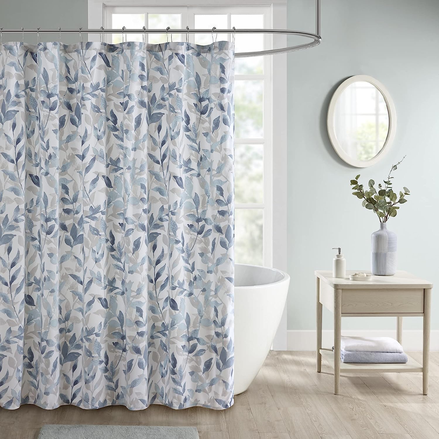 Sofia Shower Curtain with Luxurious Botanical Print - Modern and Serene Bathroom Privacy Screen Decor in Blue.