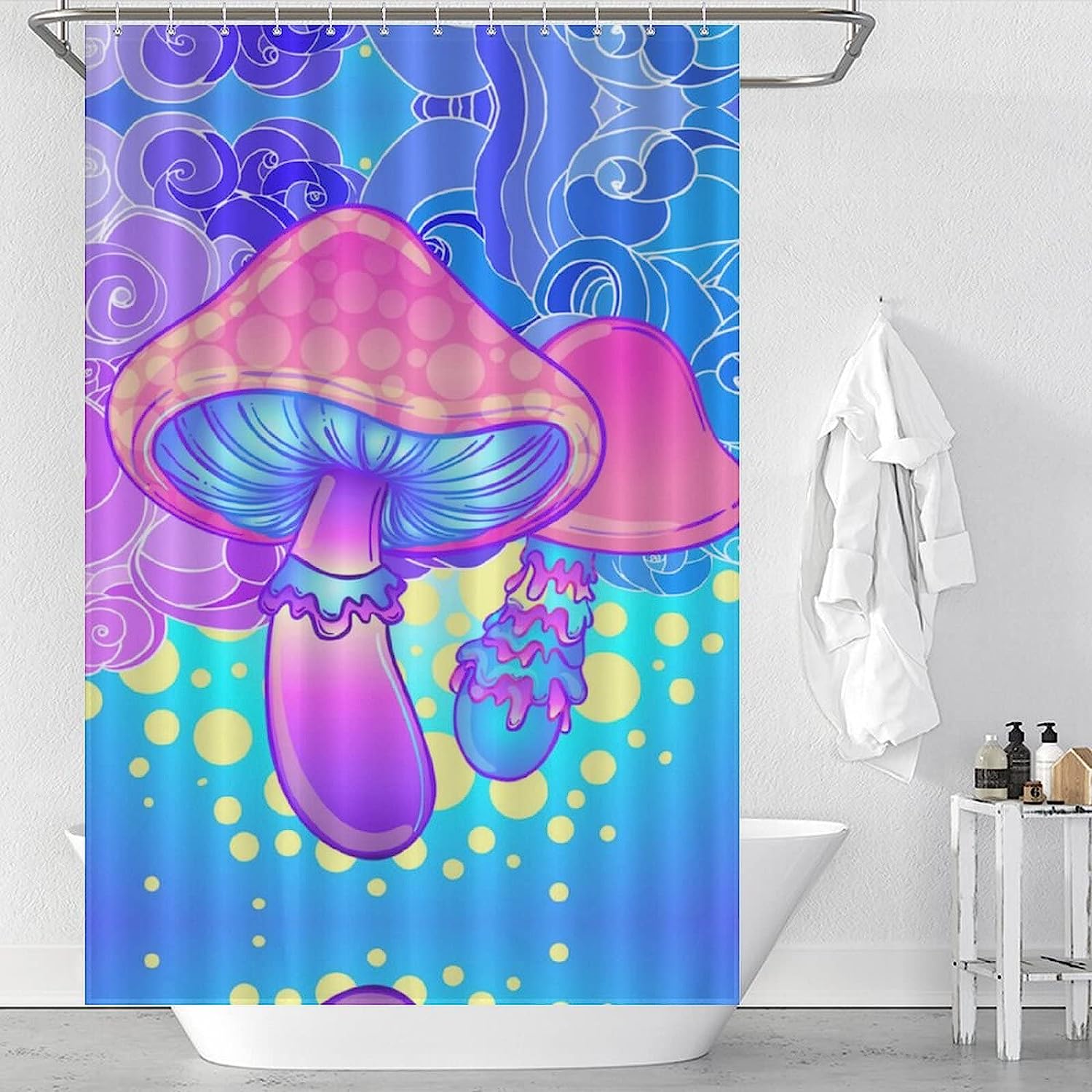 Soft Bath Curtain with Magic Colorful Mushroom Design - Lightweight and Fun Bathroom Shower Curtain.